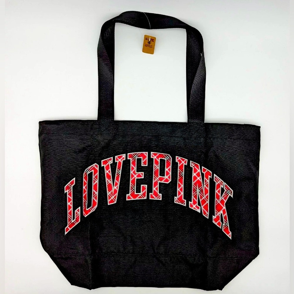 ♥️🖤NWT VS PINK Plaid Print”Love Pink” Black Large Tote Bag (NIB)